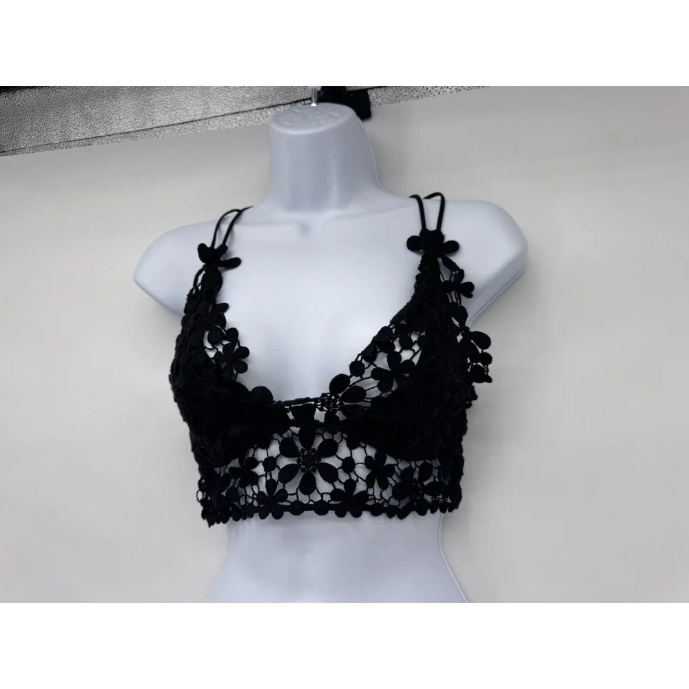 Black Crochet Lace Bralette Crop Top Strappy Boho Fairy Festival whimsigoth